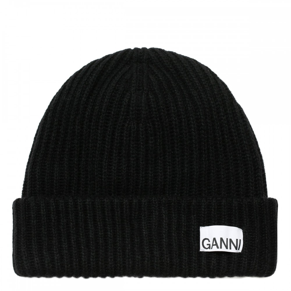 Black ribbed knit wool beanie