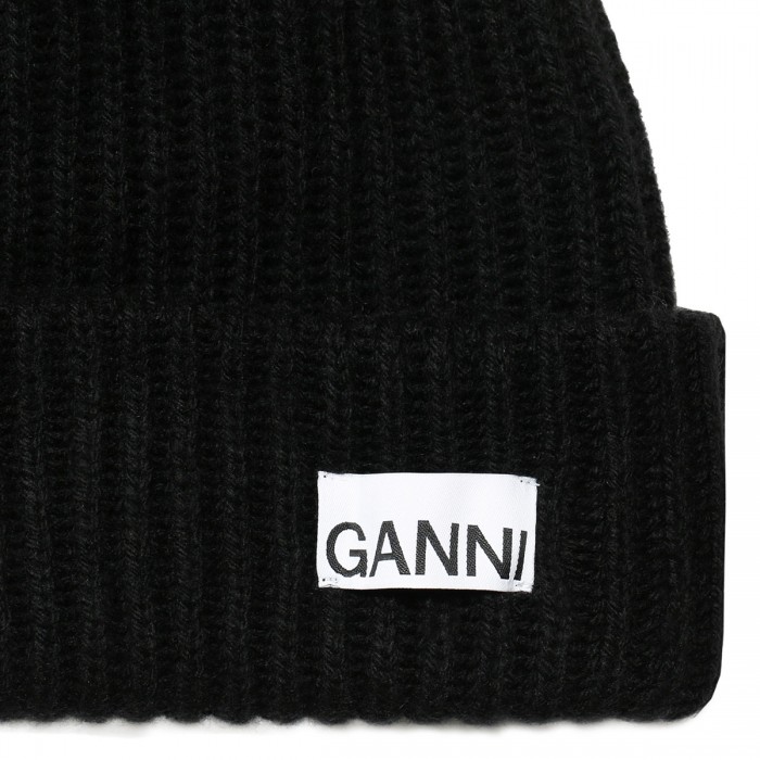 Black ribbed knit wool beanie