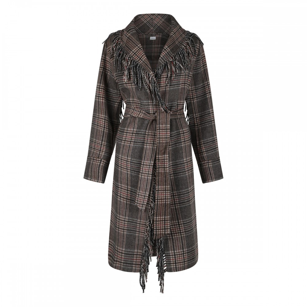 Fringed check coat