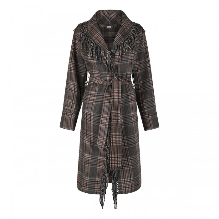 Fringed check coat