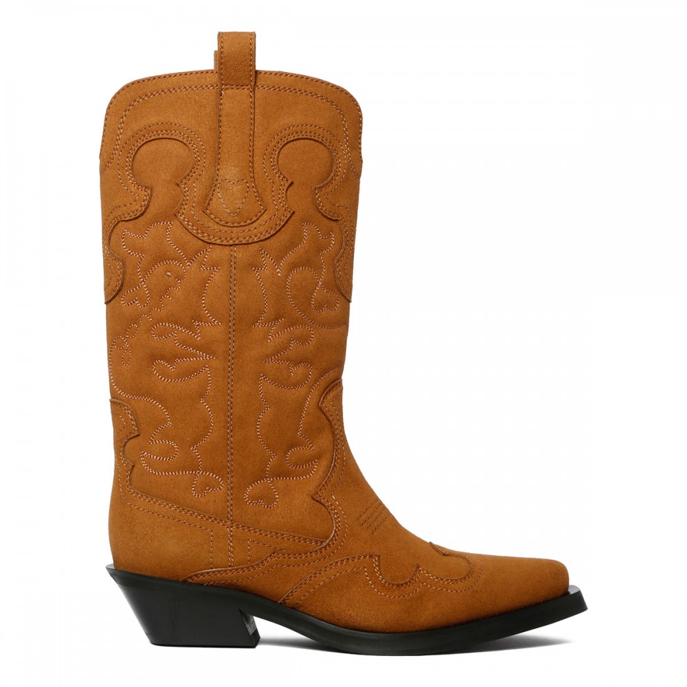 Brown suede mid shaft embroidered Western boots