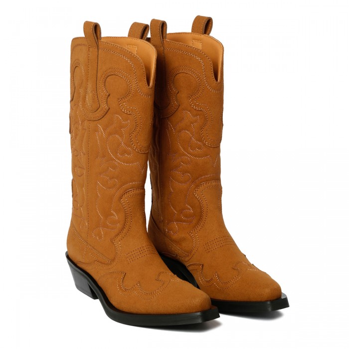 Brown suede mid shaft embroidered Western boots