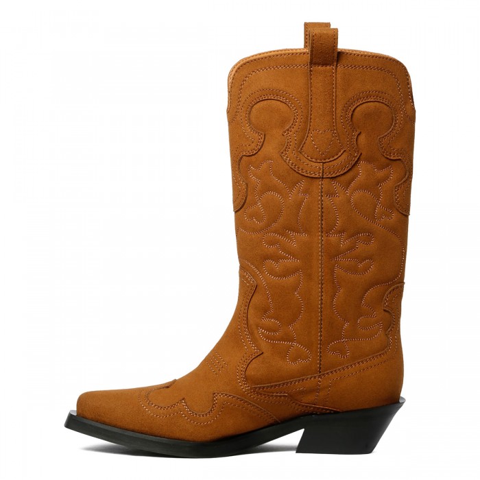 Brown suede mid shaft embroidered Western boots