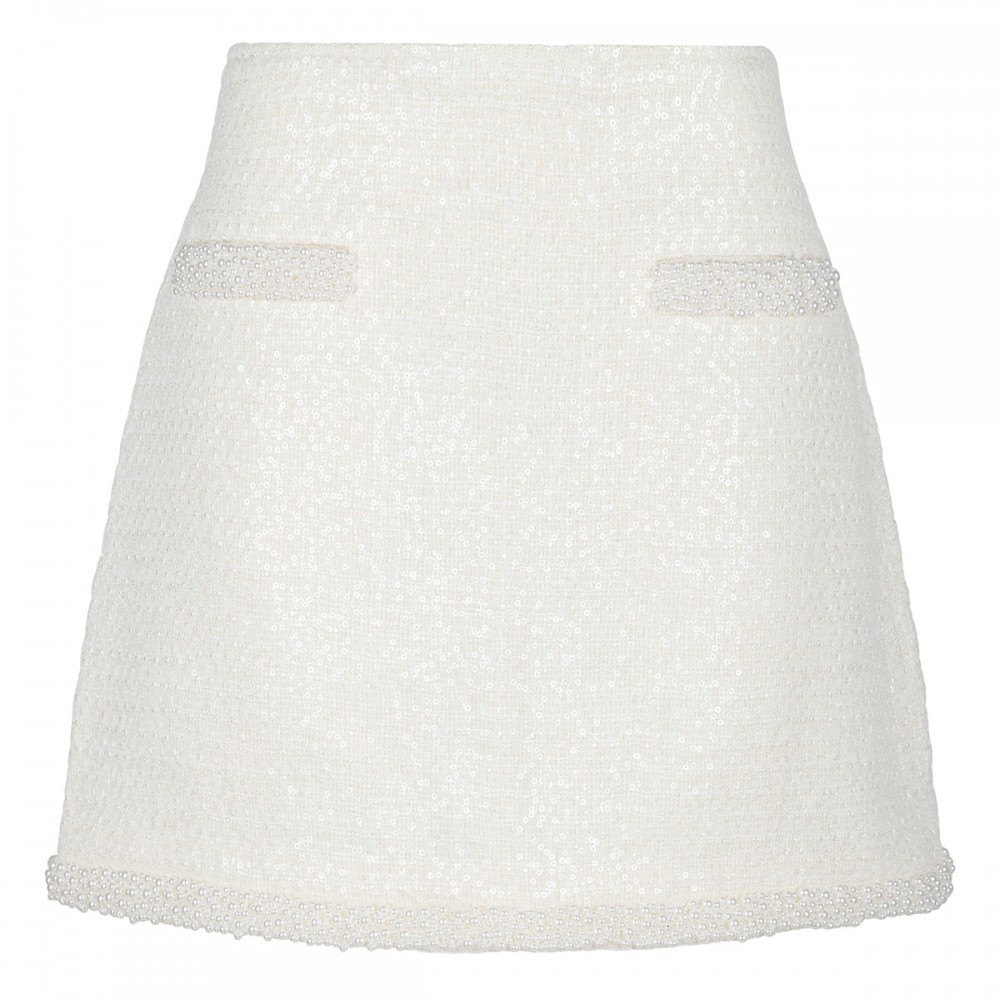 Cream boucle pearl trim mini skirt