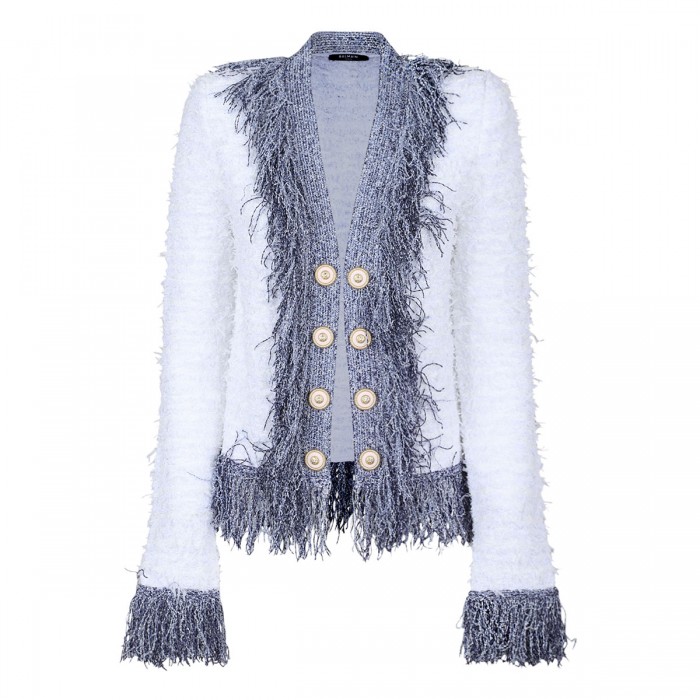 Collarless metallic fringed tweed jacket