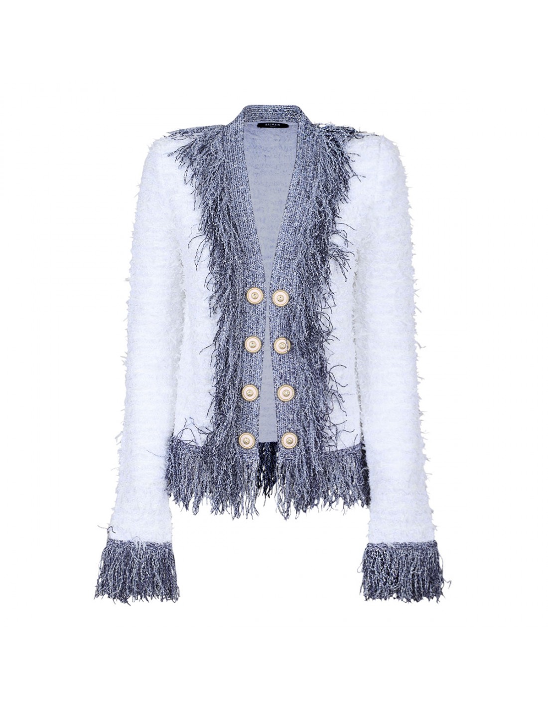 Collarless metallic fringed tweed jacket