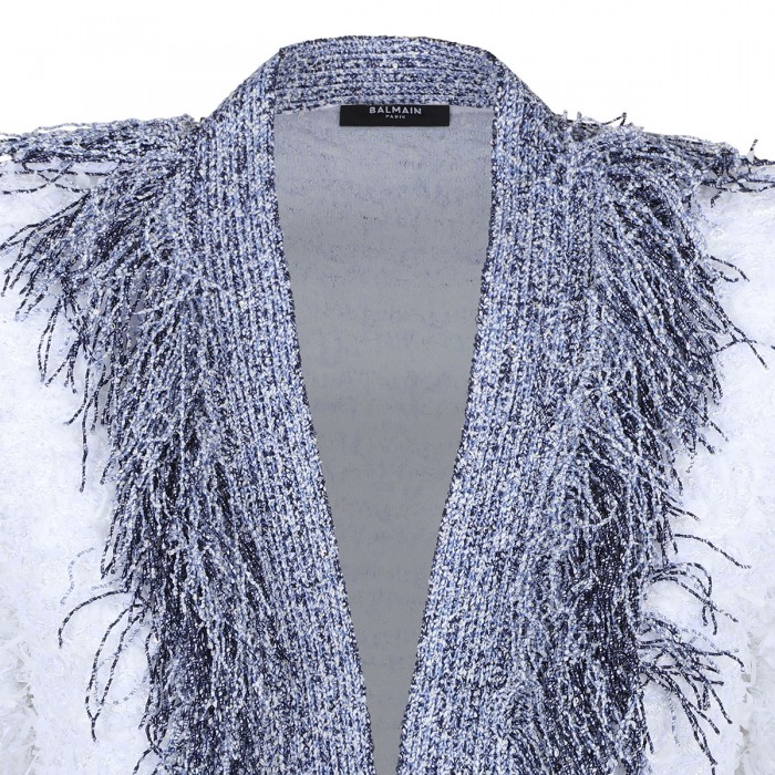 Collarless metallic fringed tweed jacket