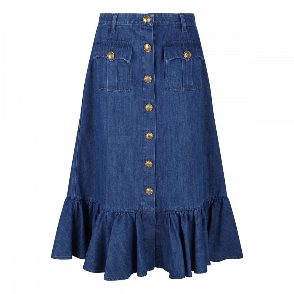 Blue denim midi skirt